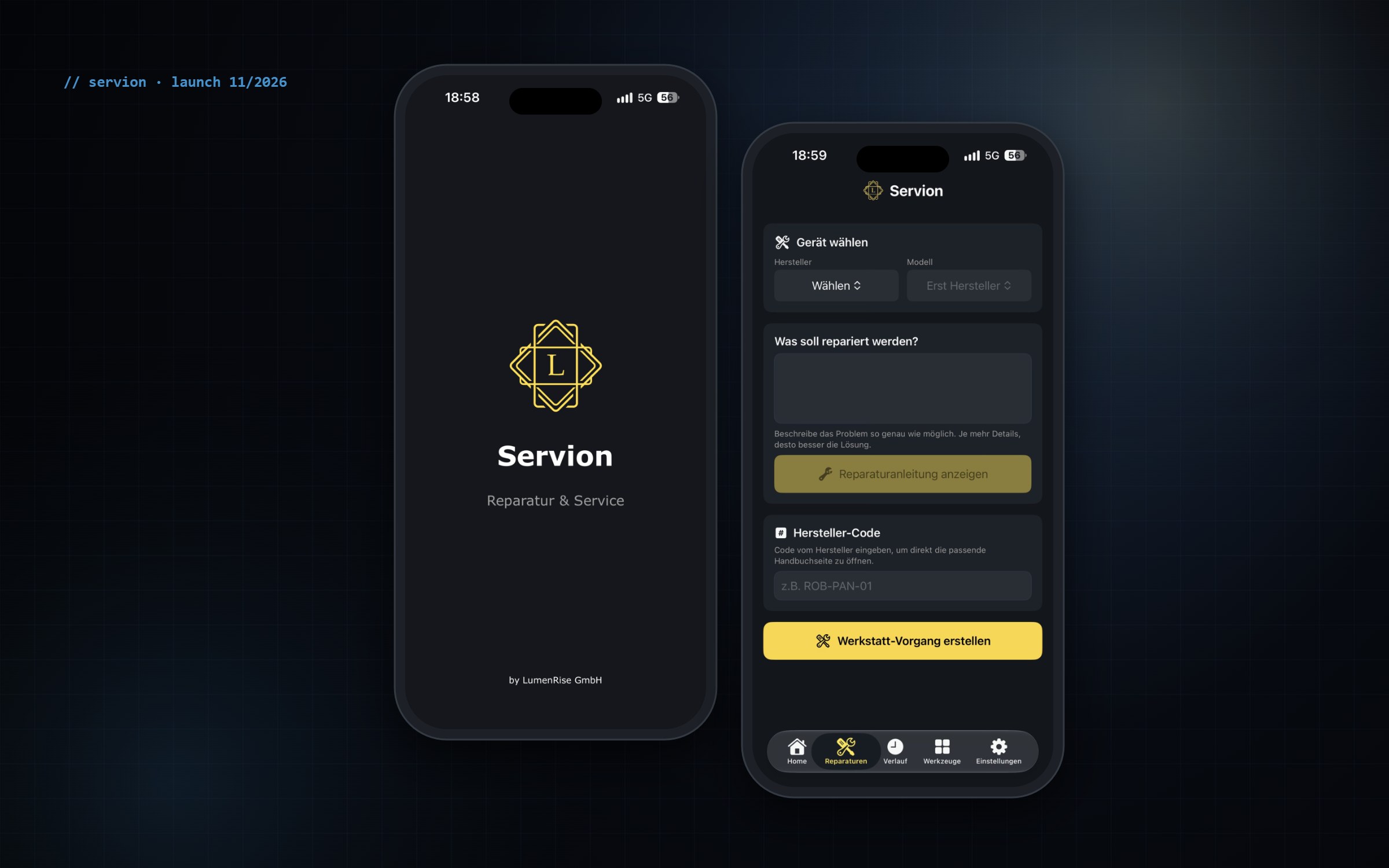 Servion App – Startbildschirm und Gerätauswahl für die Fehlerdiagnose